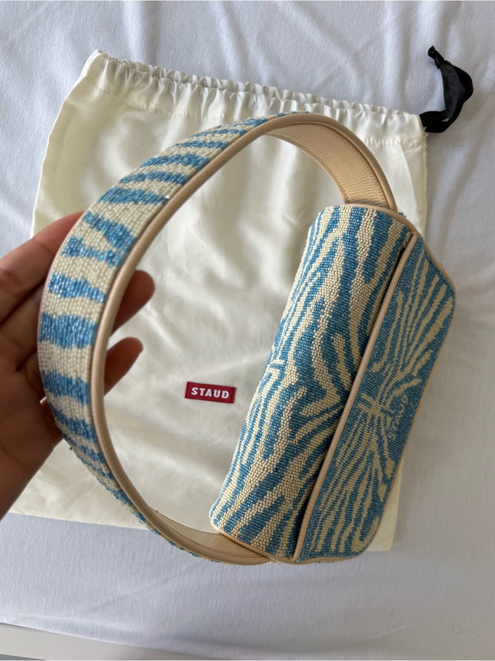 STAUD Blue and Cream Zebra Beaded Shoulder Bag - Picture 5 of 6